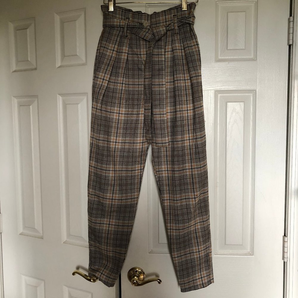 Ella Moss Paperbag Waist Tie Plaid Trousers 25
